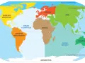 Mapa świata z zaznaczonymi kontynentami: Ameryka Północna, Ameryka Południowa, Europa, Afryka, Azja, Australia i Antarktyda.