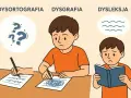 Chłopiec zmagający się z dysortografią pisze z wahaniem, podczas gdy inny rysuje chaotyczne linie. Trzeci ma trudności z czytaniem.