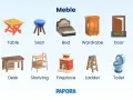 Ilustracja prezentuje meble: Table, Seat, Bed, Wardrobe, Door, Desk, Shelving, Fireplace, Ladder, Toilet.