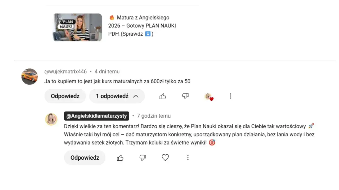 Plan Nauki na matury 2026. Użytkownik chwali kurs za cenę i wartość, a twórca podkreśla jego konkretność.