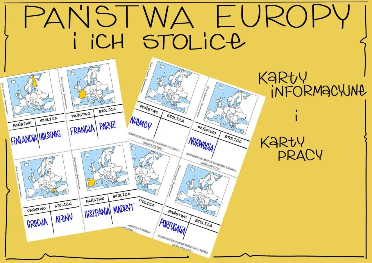 Karty edukacyjne do nauki państw i stolic Europy. Na mapach zaznaczono Finlandię, Francję, Niemcy, Norwegię, Grecję, Hiszpanię i Portugalię.
