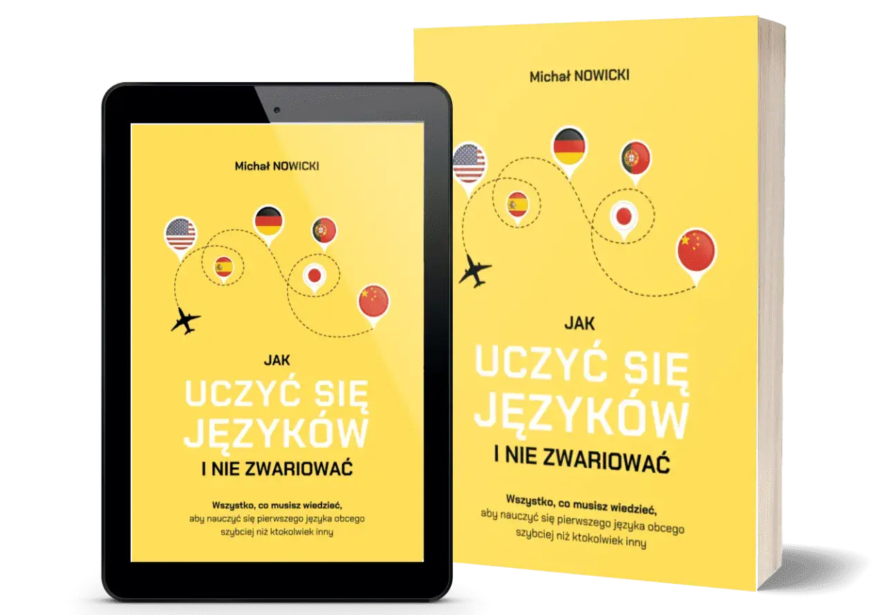 Okładka książki "Jak uczyć się języków i nie zwariować" Michała Nowickiego. Podróż przez flagi USA, Niemiec, Portugalii, Japonii i Chin. Idealna dla przyszłego poliglota.