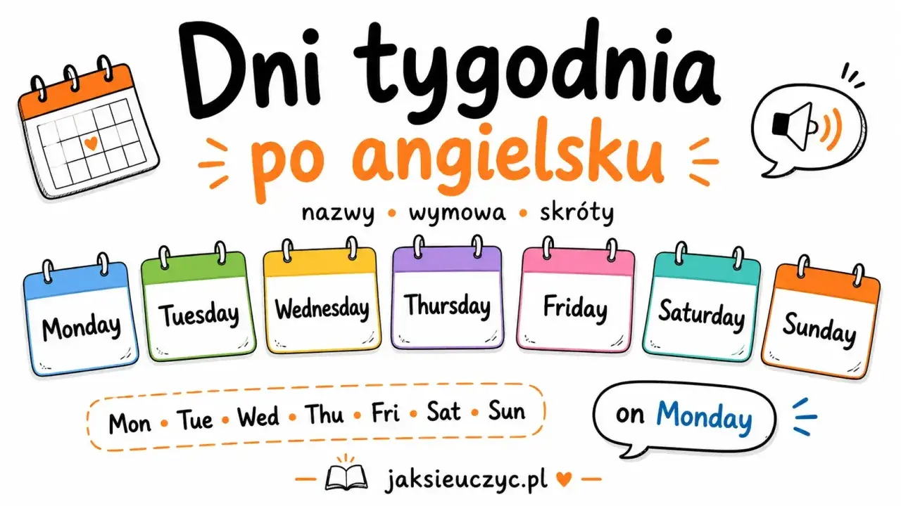 Kolorowe kalendarze z nazwami dni tygodnia po angielsku: Monday, Tuesday, Wednesday, Thursday, Friday, Saturday, Sunday. Pod nimi skróty.