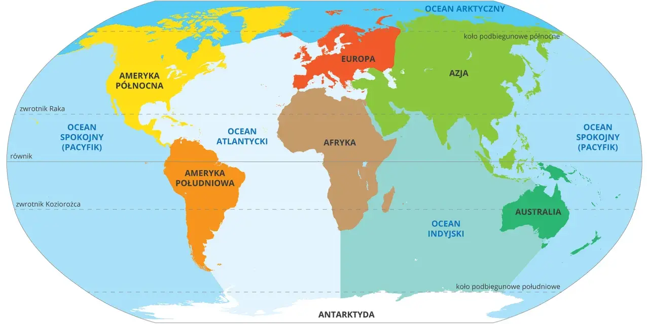 Mapa świata z zaznaczonymi kontynentami: Ameryka Północna, Ameryka Południowa, Europa, Afryka, Azja, Australia i Antarktyda.