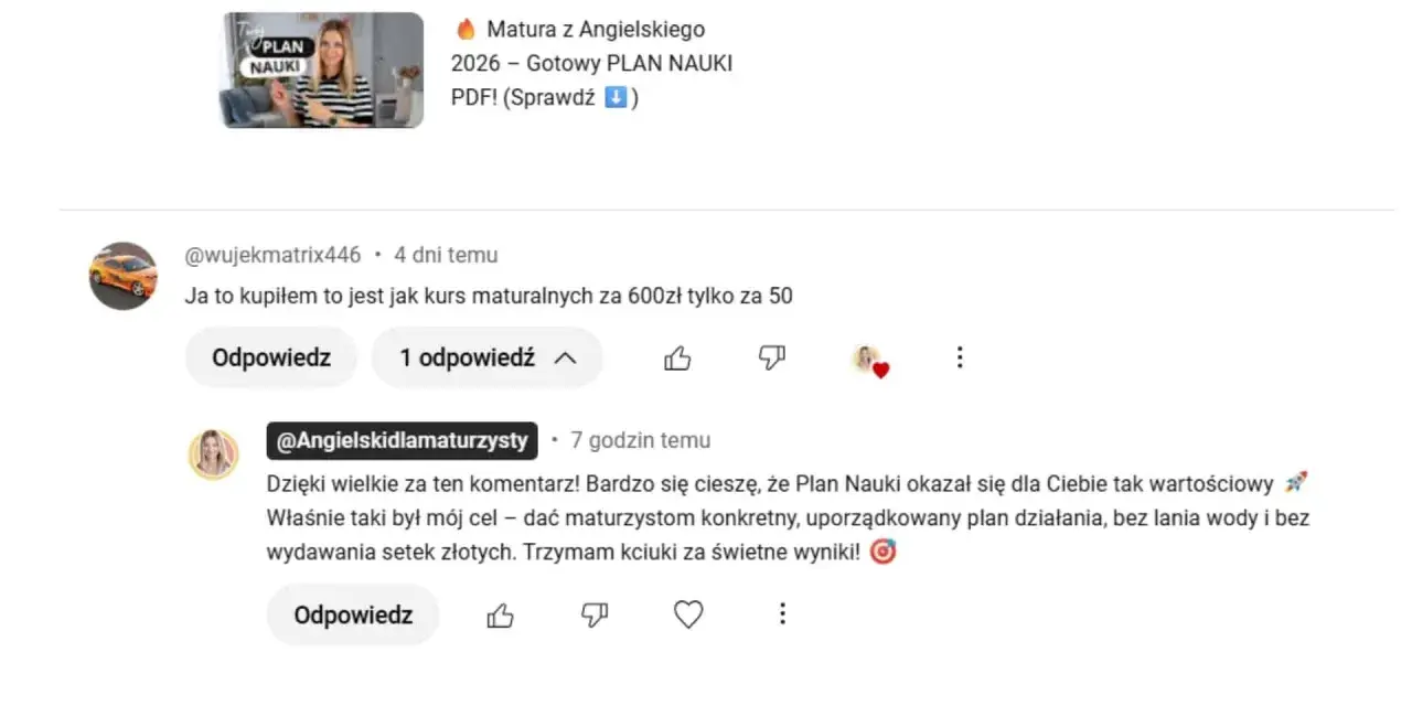 Plan Nauki na matury 2026. Użytkownik chwali kurs za cenę i wartość, a twórca podkreśla jego konkretność.