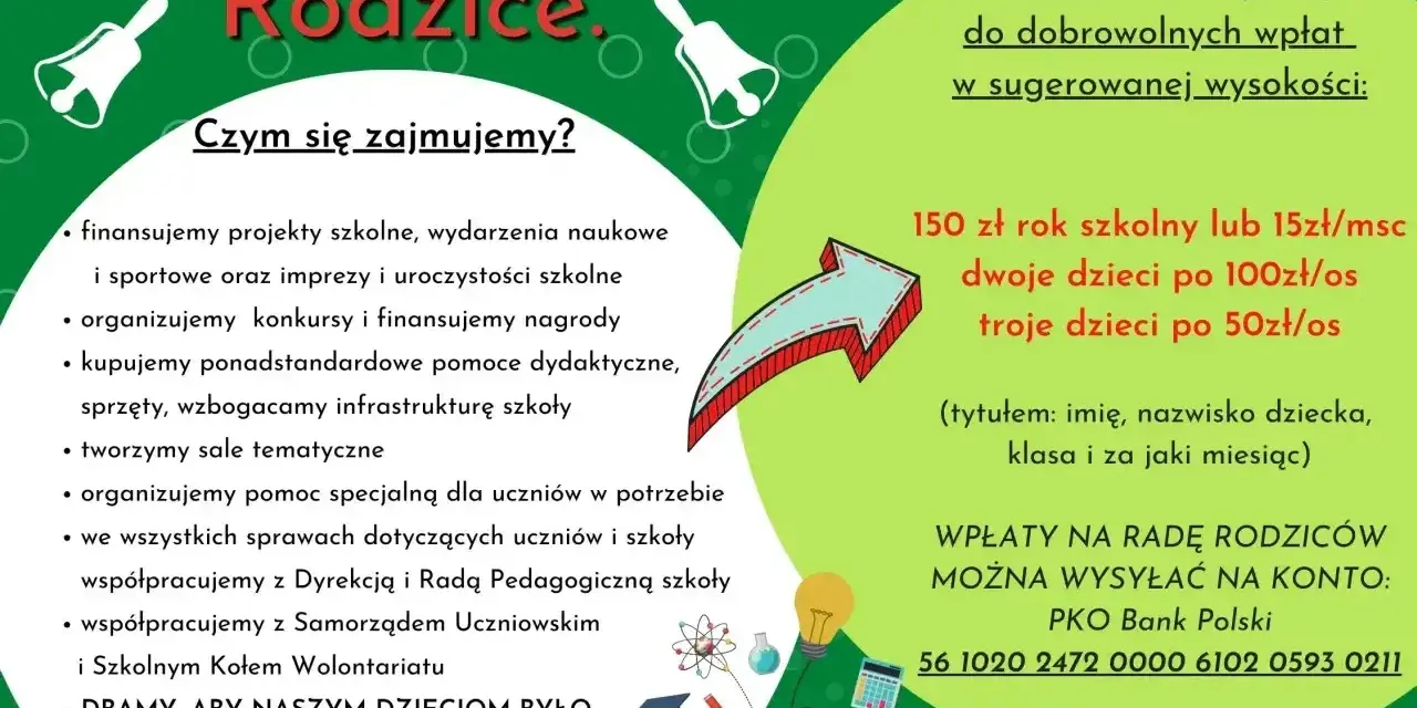Rada rodziców to my! Działamy na rzecz uczniów: finansujemy projekty, organizujemy konkursy, wzbogacamy szkołę. Zachęcamy do wsparcia.