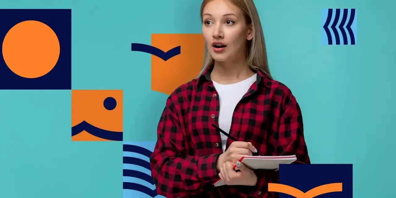 Zastanawia się, czy jest matura ustna z matematyki. Dziewczyna z zeszytem i ołówkiem, otoczona geometrycznymi kształtami.