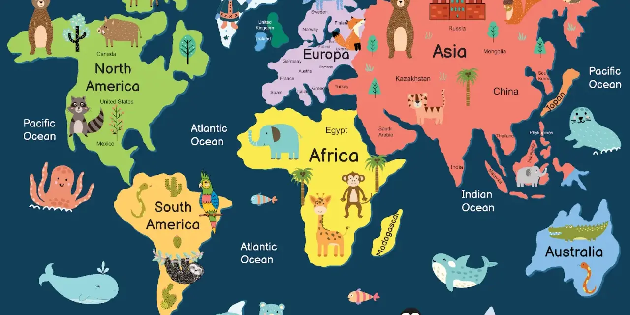 Mapa świata z kontynentami pod względem wielkości, ozdobiona zwierzętami i budynkami.