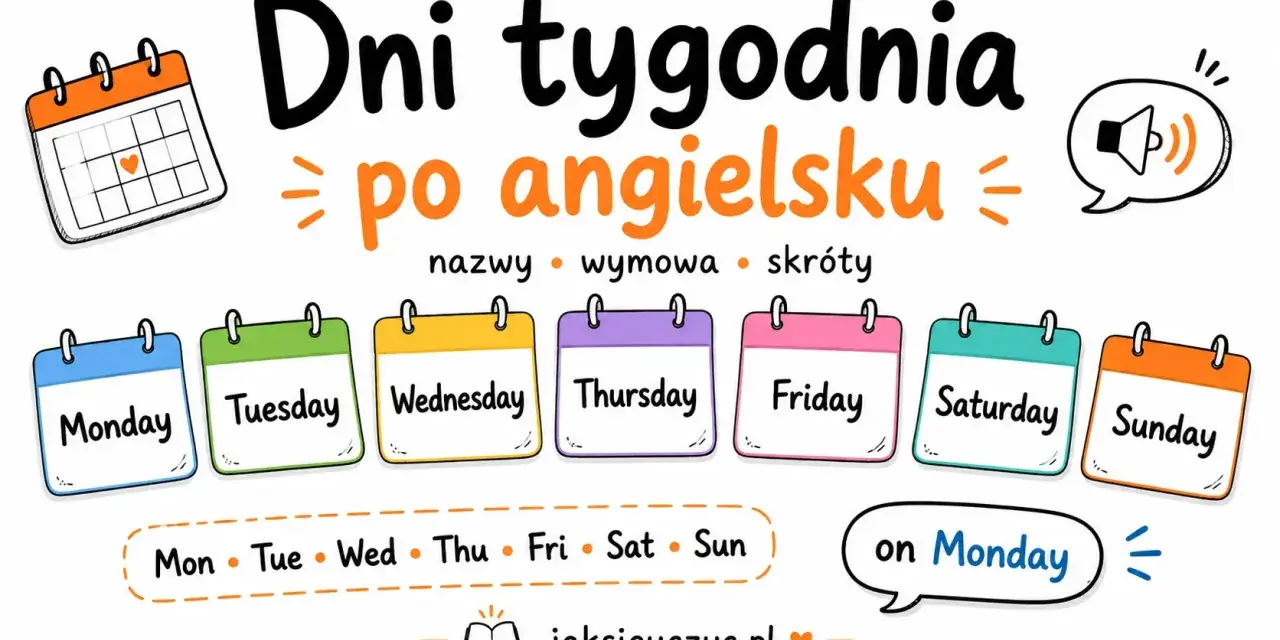 Kolorowe kalendarze z nazwami dni tygodnia po angielsku: Monday, Tuesday, Wednesday, Thursday, Friday, Saturday, Sunday. Pod nimi skróty.