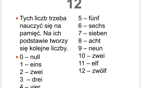 Nauka liczb po niemiecku: 0-null, 1-eins, 2-zwei, 3-drei, 4-vier, 5-fünf, 6-sechs, 7-sieben, 8-acht, 9-neun, 10-zehn, 11-elf, 12-zwölf.