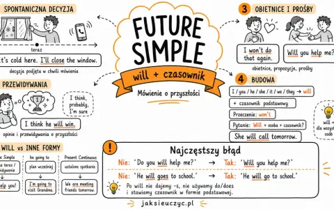 Mindmap o Future Simple, odmiana "will" w zdaniach, pytaniach i przeczeniach. Opisuje spontaniczne decyzje, przewidywania, obietnice i prośby.
