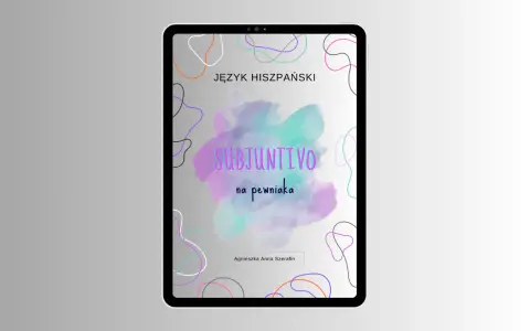 Okładka książki "Język hiszpański: Subjuntivo na pewniaka" z kolorowymi plamami i abstrakcyjnymi liniami.