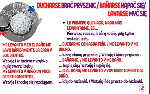 Podstawowe zwroty po hiszpańsku: "Wstaję i biorę prysznic" (Me levanto y me ducho). Obrazek pokazuje słuchawkę prysznicową.
