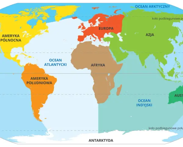 Mapa świata z zaznaczonymi kontynentami: Ameryka Północna, Ameryka Południowa, Europa, Afryka, Azja, Australia i Antarktyda.