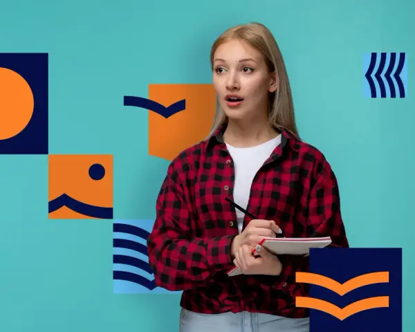 Zastanawia się, czy jest matura ustna z matematyki. Dziewczyna z zeszytem i ołówkiem, otoczona geometrycznymi kształtami.