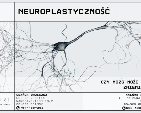 Grafika przedstawia neuron, sugerując, czy mózg to mięsień, który można kształtować. Informacje o centrum terapii.