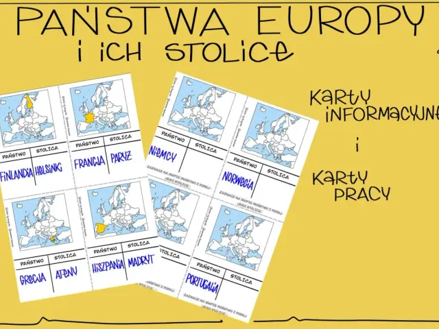 Karty edukacyjne do nauki państw i stolic Europy. Na mapach zaznaczono Finlandię, Francję, Niemcy, Norwegię, Grecję, Hiszpanię i Portugalię.