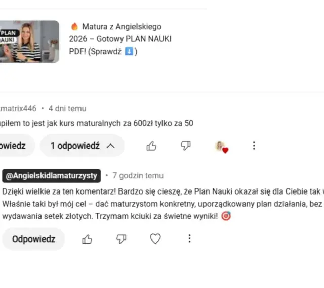 Plan Nauki na matury 2026. Użytkownik chwali kurs za cenę i wartość, a twórca podkreśla jego konkretność.
