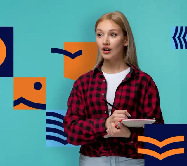 Zastanawia się, czy jest matura ustna z matematyki. Dziewczyna z zeszytem i ołówkiem, otoczona geometrycznymi kształtami.