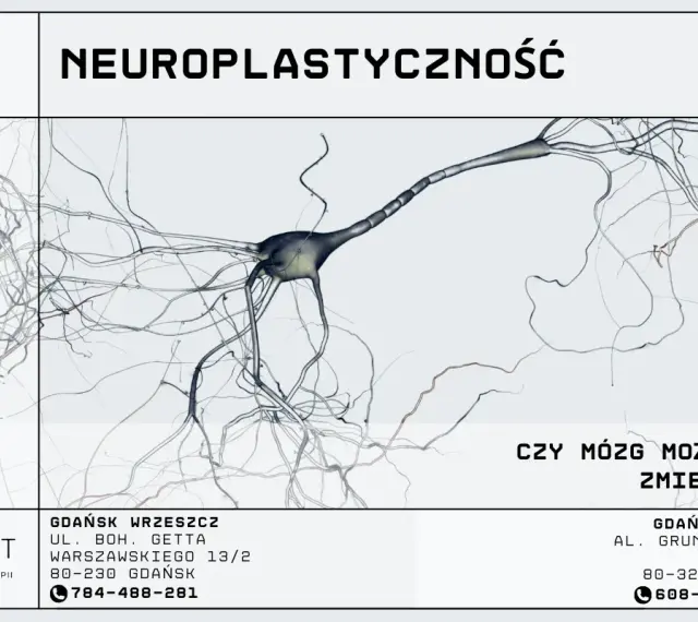 Grafika przedstawia neuron, sugerując, czy mózg to mięsień, który można kształtować. Informacje o centrum terapii.