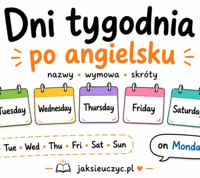 Kolorowe kalendarze z nazwami dni tygodnia po angielsku: Monday, Tuesday, Wednesday, Thursday, Friday, Saturday, Sunday. Pod nimi skróty.