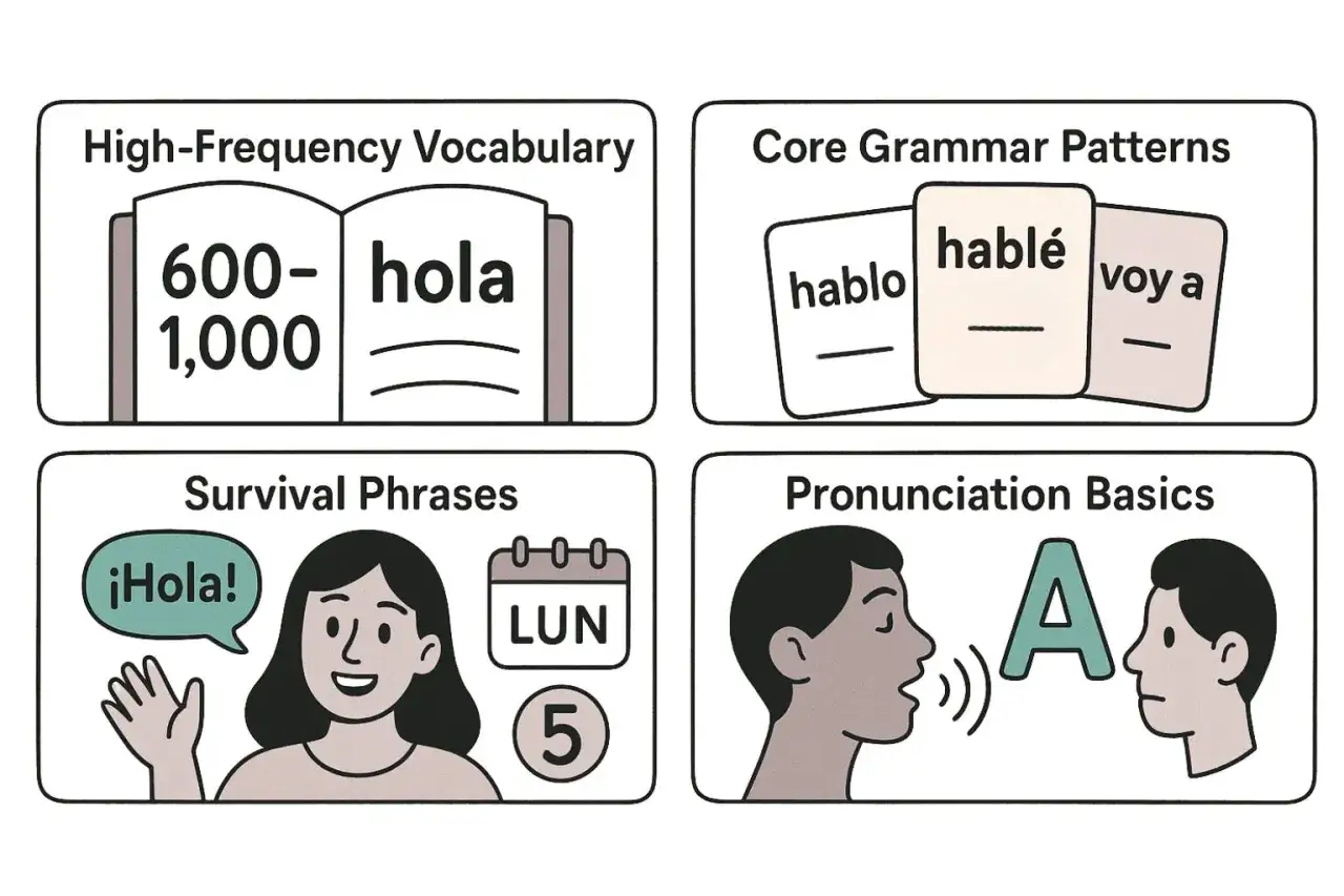 Podstawy nauki języka hiszpańskiego: słownictwo, gramatyka, zwroty i wymowa.