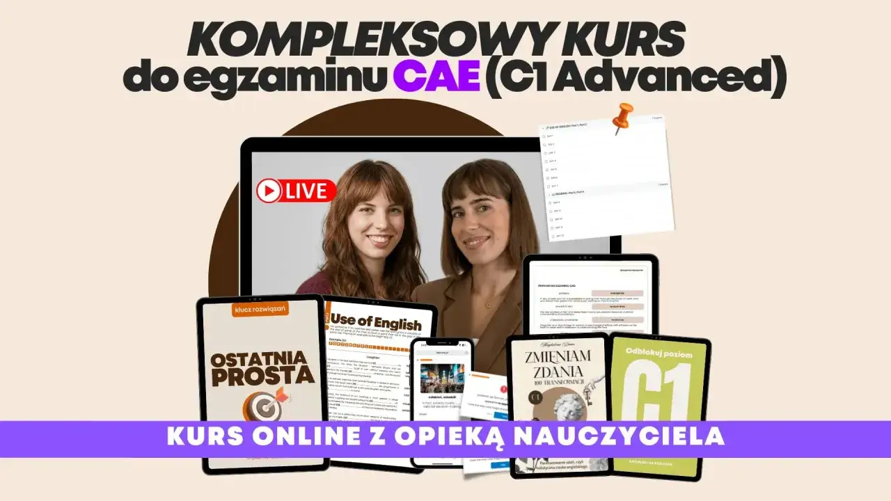 Kurs online do egzaminu C1 angielski. Dwie kobiety na ekranie laptopa, materiały do nauki i tablet z napisem