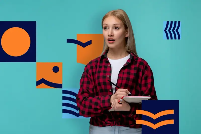 Zastanawia się, czy jest matura ustna z matematyki. Dziewczyna z zeszytem i ołówkiem, otoczona geometrycznymi kształtami.