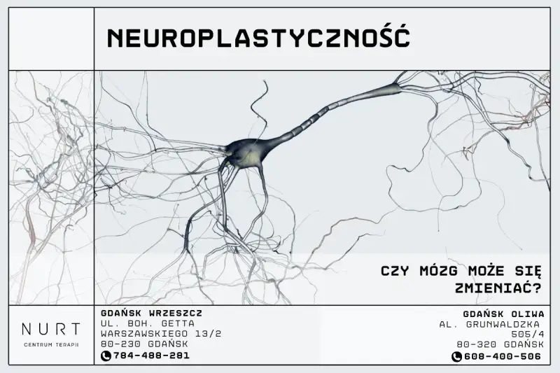 Grafika przedstawia neuron, sugerując, czy mózg to mięsień, który można kształtować. Informacje o centrum terapii.
